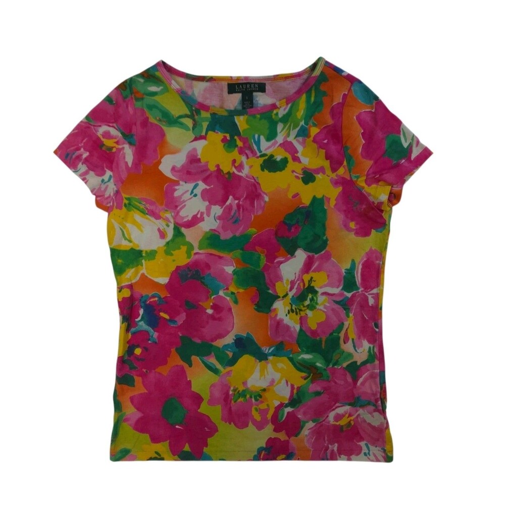 Lauren Ralph Lauren Pink Tropical Women Small Floral Short Sleeve Top Hawaiian